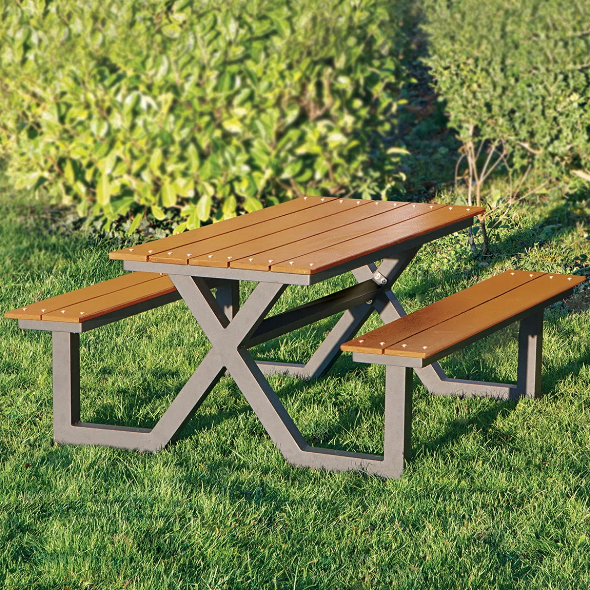 Bord-/bænkesæt X-model teak nonwood og antracitstel HORTUS