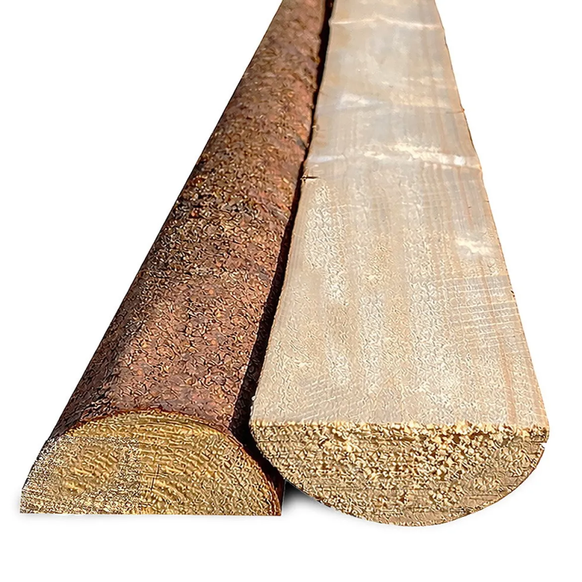 Flækkede granrafter med bark - Ø6-9 cm x 220 cm.