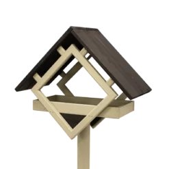 Fuglefoderhus af fyrretræ med olivengrøn stander