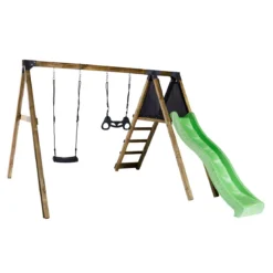 Gyngestativ med climb modul, sort gyngesæde og sort trapezgynge inkl. grøn rutsjebane NORDIC PLAY