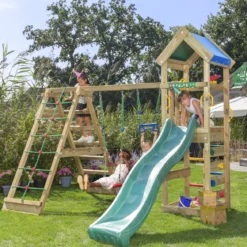 Jungle Gym Patio legetårn komplet inkl. klatremodul 2 og mørkegrøn rutschebane