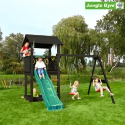 Legetårn Jungle Gym Casa 2.1, grundmalet sort, m/2-Swing Module 220 og mørkegrøn rutschebane