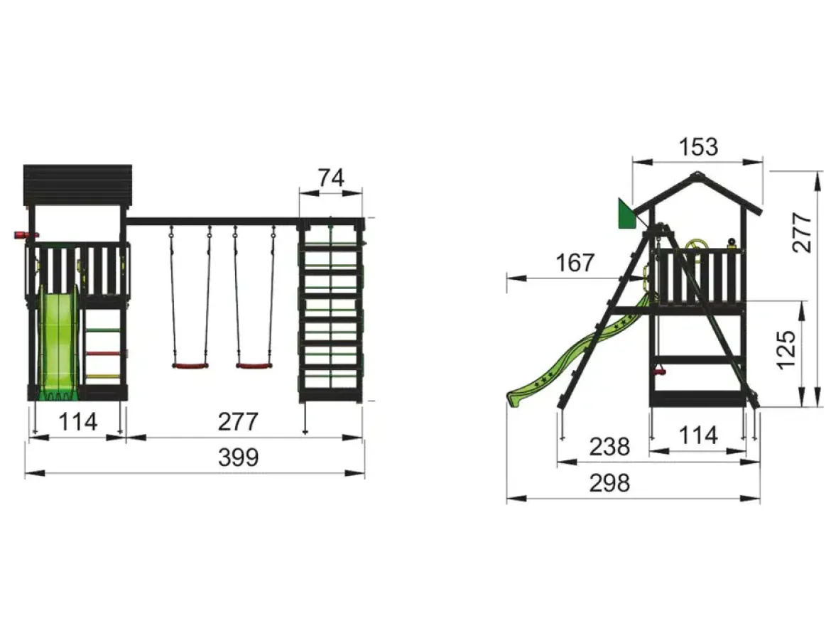 Legetårn Jungle Gym Casa 2.1, grundmalet sort, m/2-Climb Module 220 og mørkegrøn rutschebane