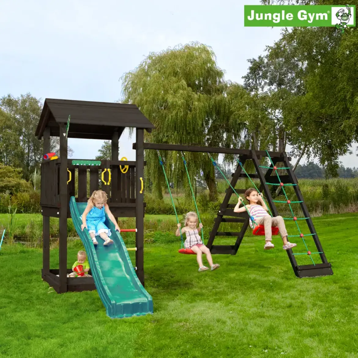 Legetårn Jungle Gym Casa 2.1, grundmalet sort, m/2-Climb Module 220 og mørkegrøn rutschebane