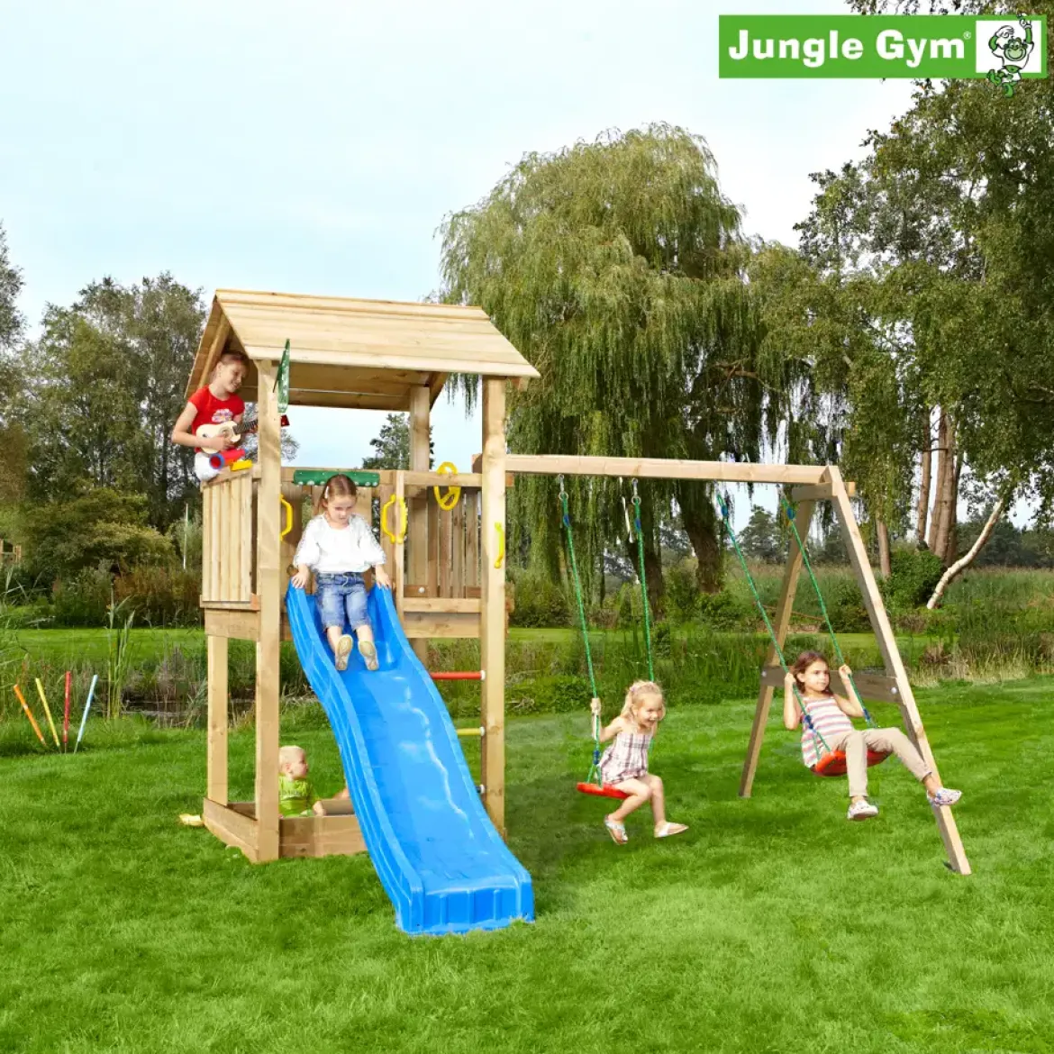 Legetårn Jungle Gym Casa 2.1, m/2-Swing Module 220 og blå rutschebane