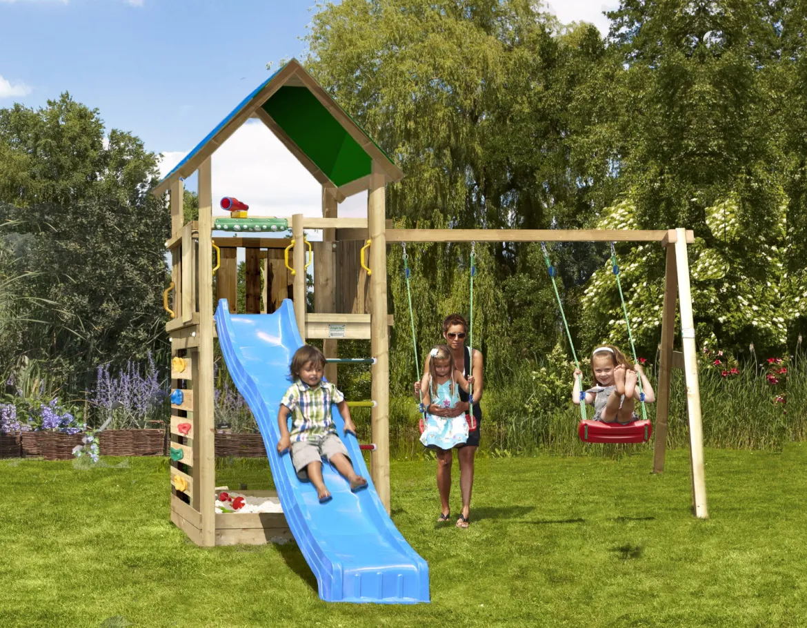 Legetårn Jungle Gym Lodge 2.1 inkl. Swing Module og blå rutschebane