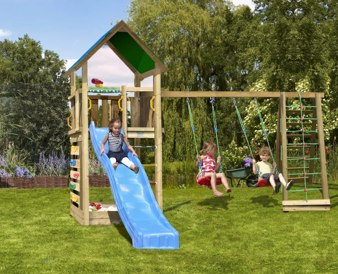 Legetårn Jungle Gym Lodge 2.1 inkl. Climb Module og blå rutschebane