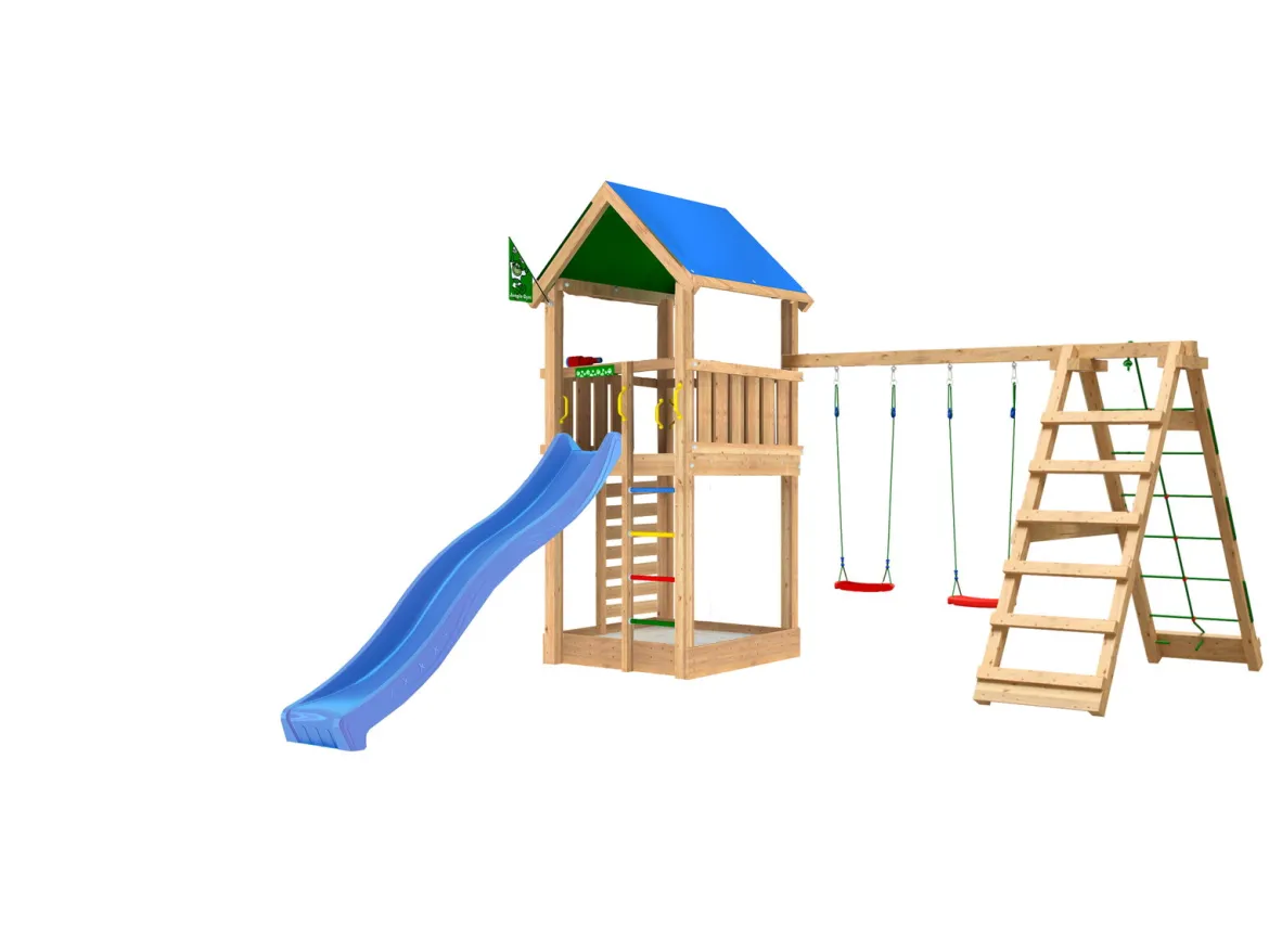 Legetårn Jungle Gym Lodge 2.1 inkl. Climb Module og blå rutschebane