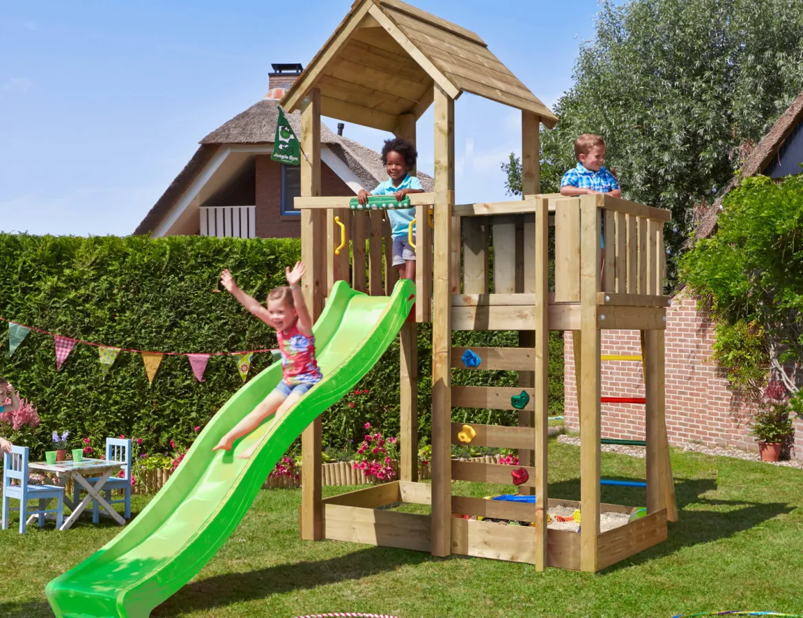 Legetårn Jungle Gym Mansion 2.1 m/grøn rutsjebane