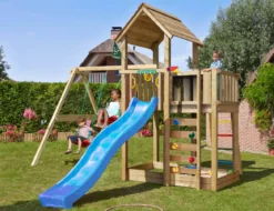 Legetårn Jungle Gym Mansion 2.1 m/2-Swing Module 220 og blå rutsjebane