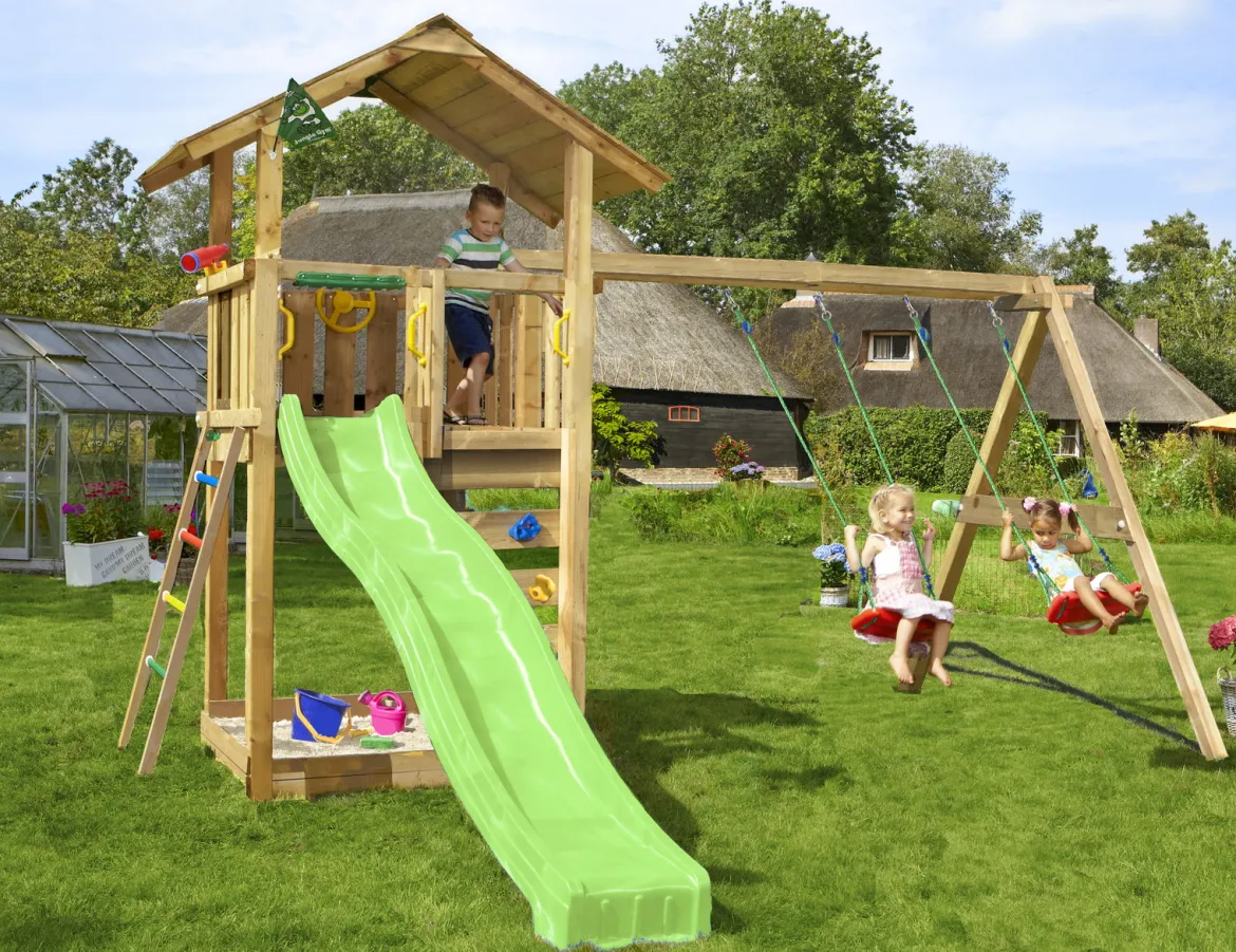 Legetårn Jungle Gym Sierra 2.1 m/2-Swing Module 220 og grøn rutschebane