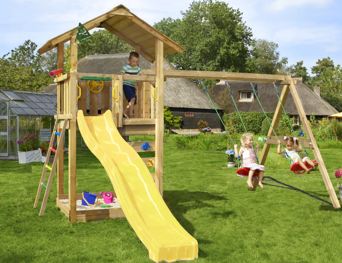 Legetårn Jungle Gym Sierra 2.1 m/Swing Module 220 og gul rutschebane