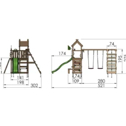 Legetårn Jungle Gym Teepee m/2-Climb Module 200 og grøn rutschebane