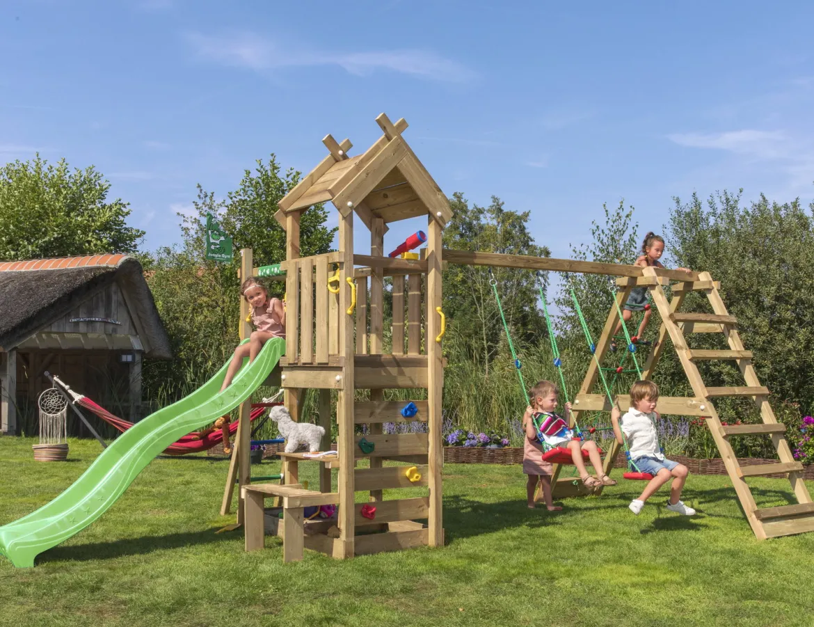 Legetårn Jungle Gym Teepee m/2-Climb Module 200 og grøn rutschebane