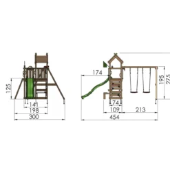 Legetårn Jungle Gym Teepee m/2-Swing Module 200 og grøn rutschebane