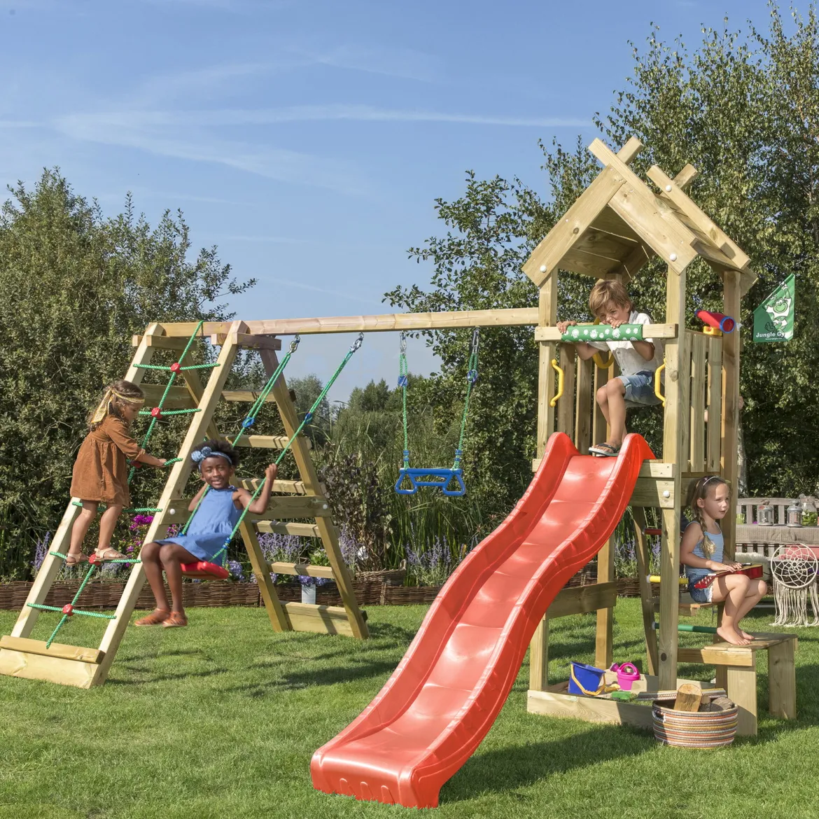 Legetårn Jungle Gym Totem m/2-Climb Module 200 og rød rutschebane