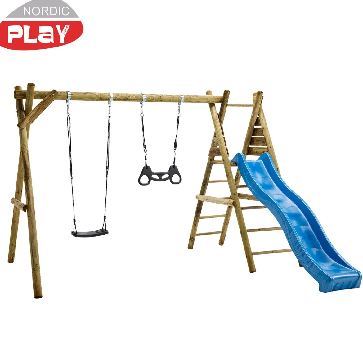 NORDIC PLAY Active gyngestativ 240 cm med platform m/1 sort gynge og 1 sort trapez inkl. blå rutsjebane