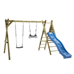 NORDIC PLAY Active gyngestativ 240 cm med platform m/1 sort gynge og 1 sort trapez inkl. blå rutsjebane