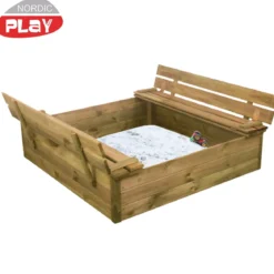 NORDIC PLAY sandkasse 120 x 120 cm med vippelåg og bænk og 240 kg Certificeret sand