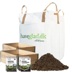Pakke til 2 højbede med 4 natur pallerammer, 2 vækstdug, 2 ukrudtsdug og 1 bigbag med 1000 liters højbedsmuld